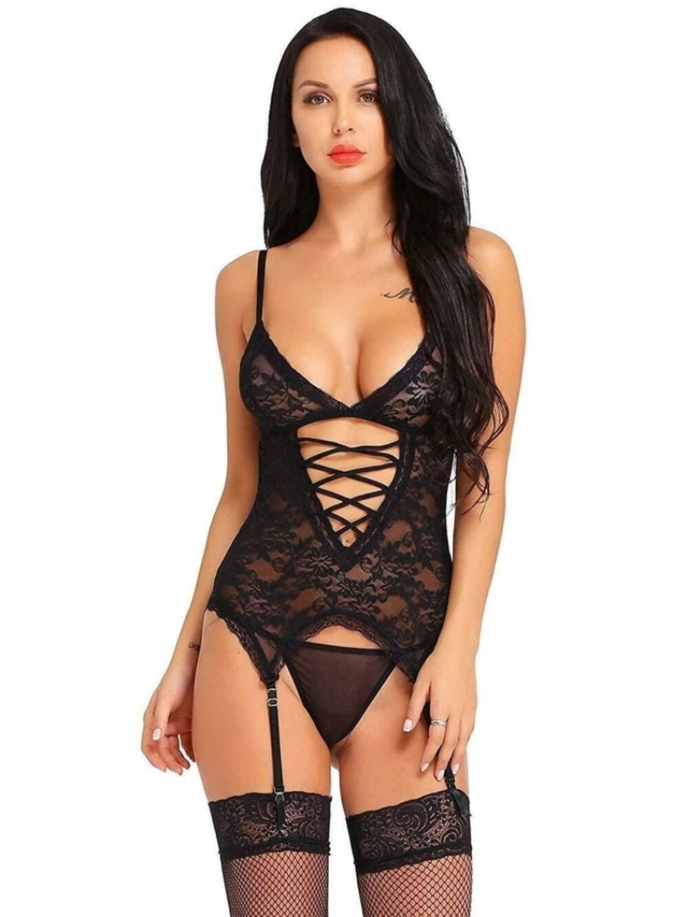 Women's Sexy Lingerie Lace Mesh Corset V-Neck Teddy Babydoll Sleepwear Thong Set - Picture 12 of 12